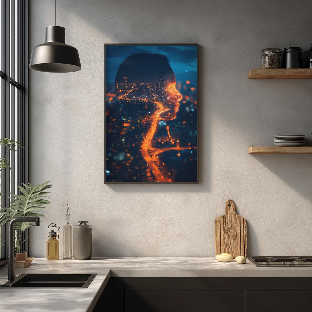 a modern kitchen with a large framed artwork depicting a woman's face with a cityscape in the background, hanging on the wall above a countertop with various kitchen items.