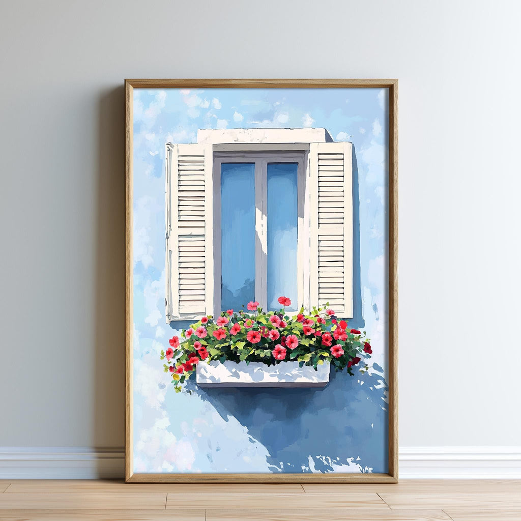 A framed painting depicting a window with white shutters and a flower box filled with red flowers, set against a blue background.