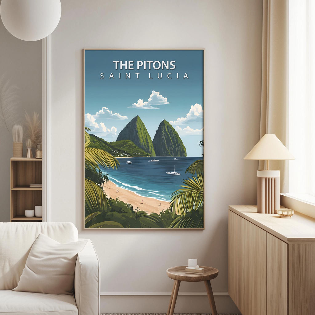 a poster of a tropical island landscape with palm trees, a beach, and mountains in the background, hanging on a wall in a living room.