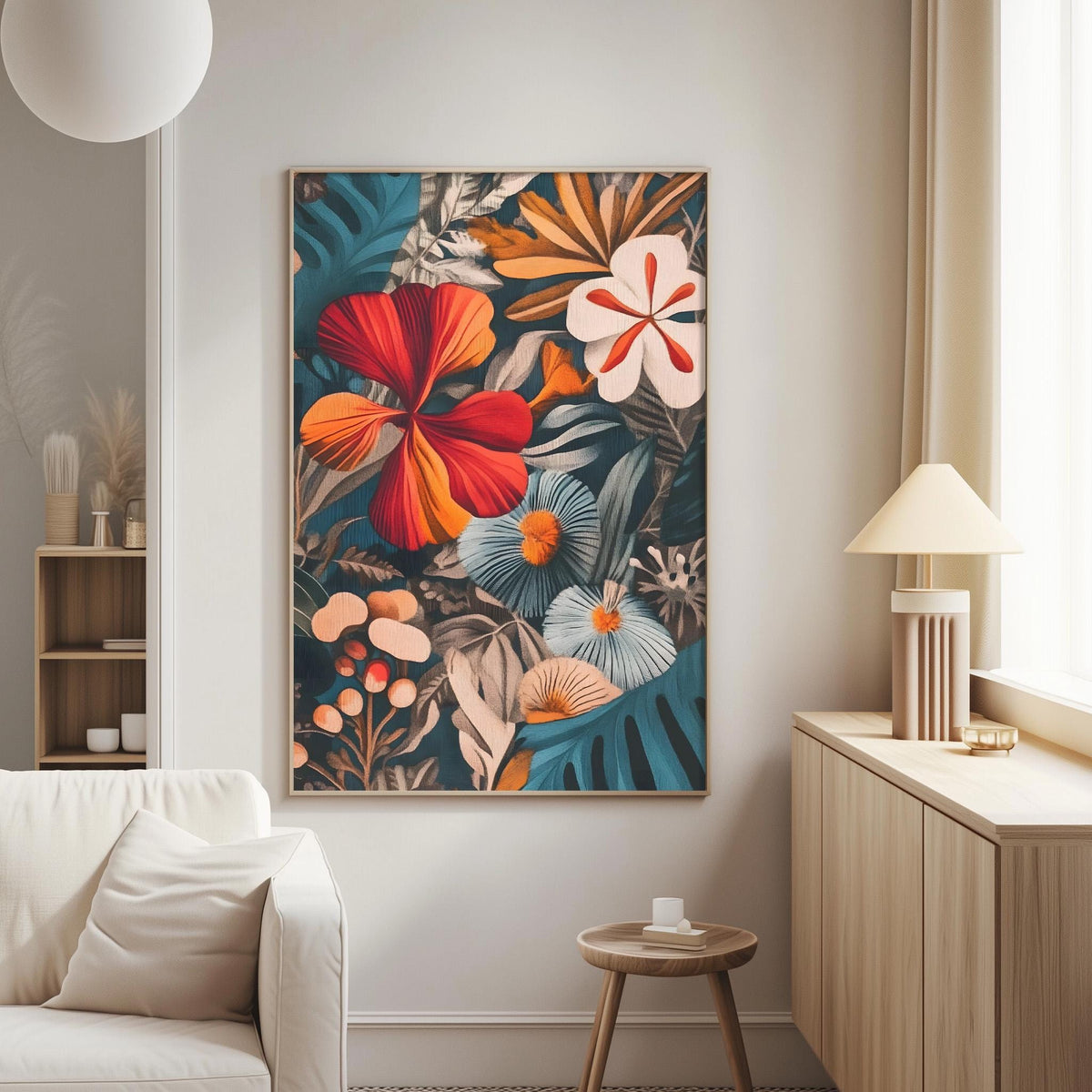 a large, colorful painting of tropical flowers and foliage hanging on a wall in a living room.