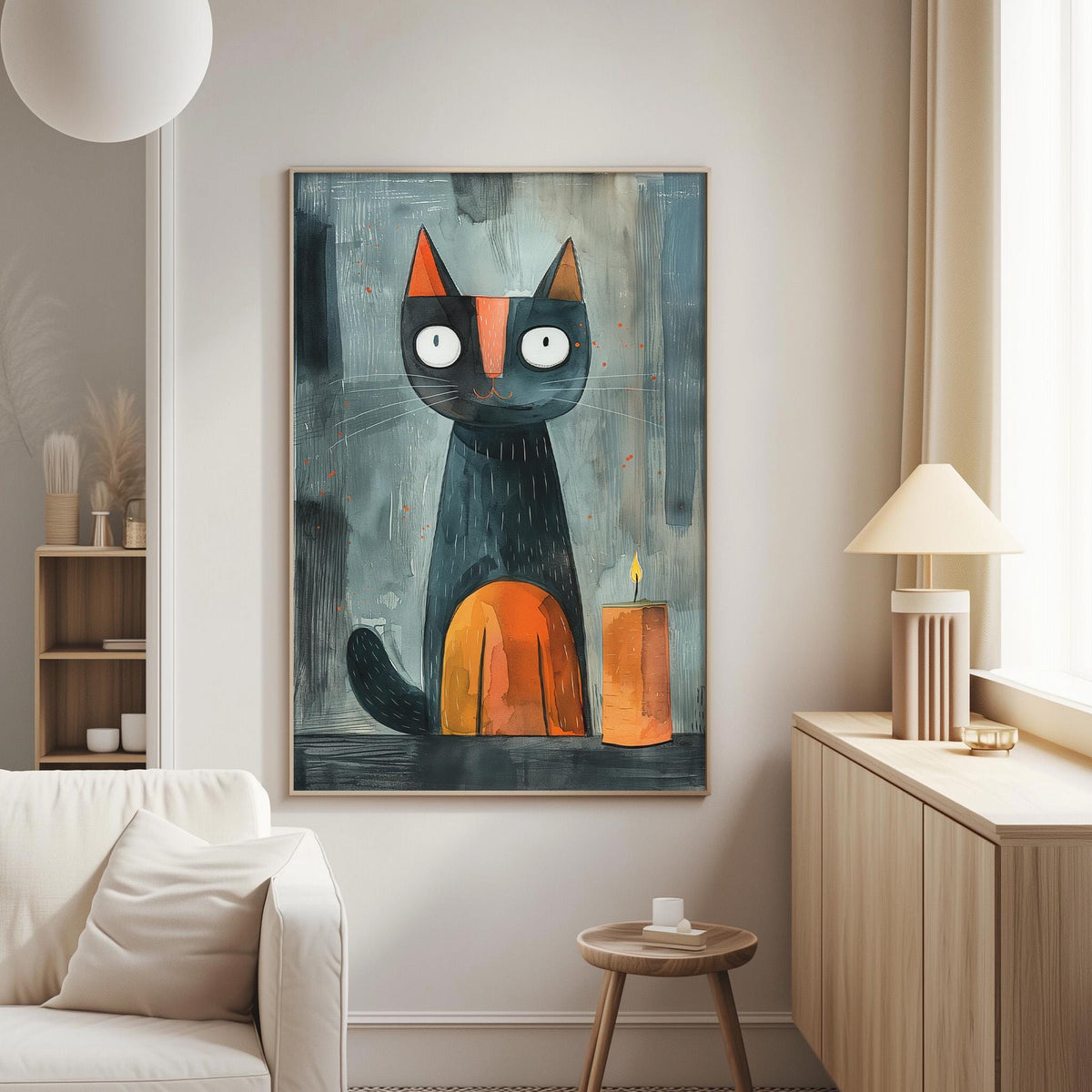 a living room with a large abstract painting of a cat as the focal point. The painting is hanging on the wall, and there is a white couch and a small table in the room.