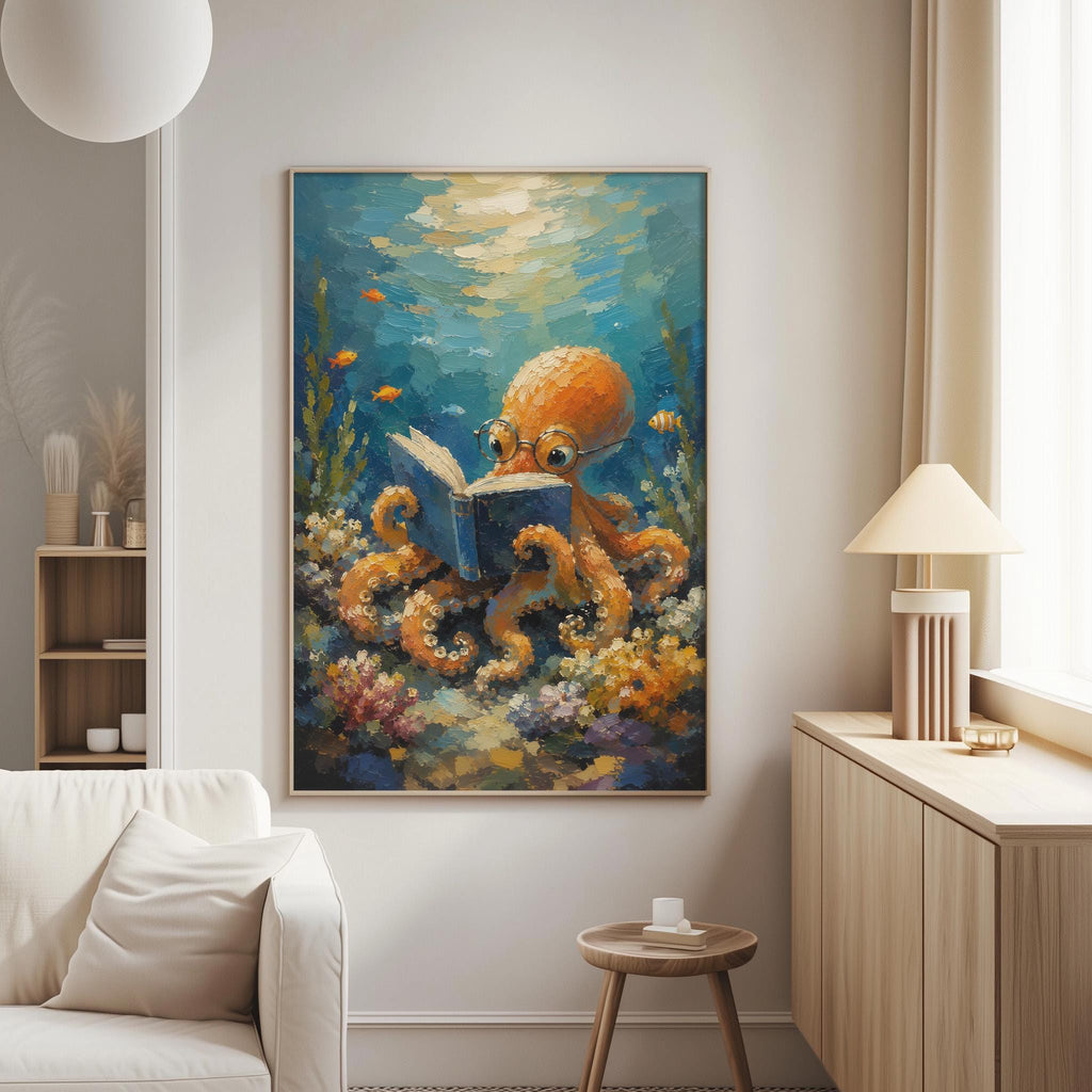 a large painting of an orange octopus reading a book underwater, surrounded by colorful coral and fish.