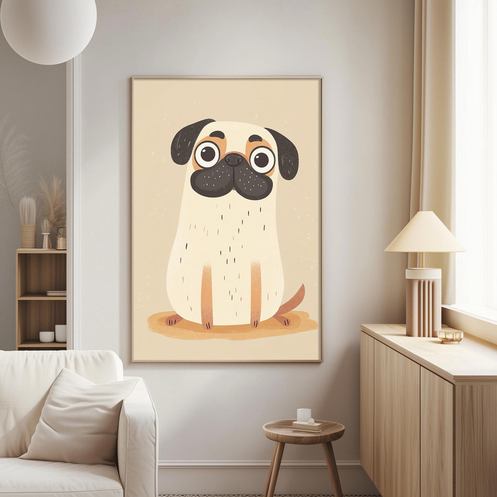 a cozy living room with a large framed picture of a cute pug dog hanging on the wall. The pug has a black and white color scheme and appears to be sitting on a wooden surface. The room also includes a white couch, a wooden side table, and a lamp, creating a comfortable and inviting atmosphere.
