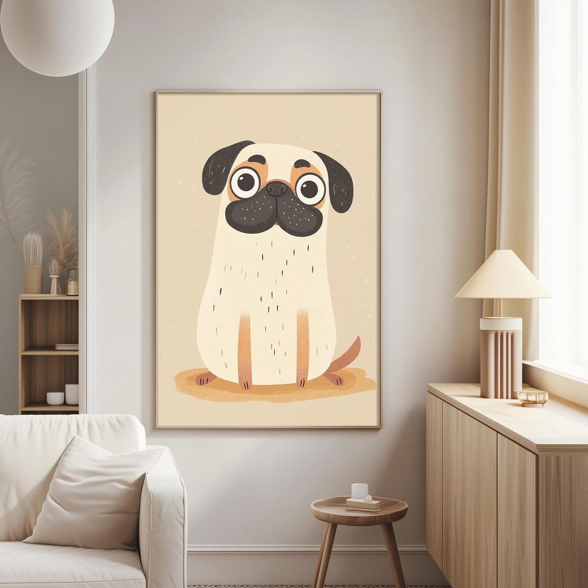 a cozy living room with a large framed picture of a cute pug dog hanging on the wall. The pug has a black and white color scheme and appears to be sitting on a wooden surface. The room also includes a white couch, a wooden side table, and a lamp, creating a comfortable and inviting atmosphere.