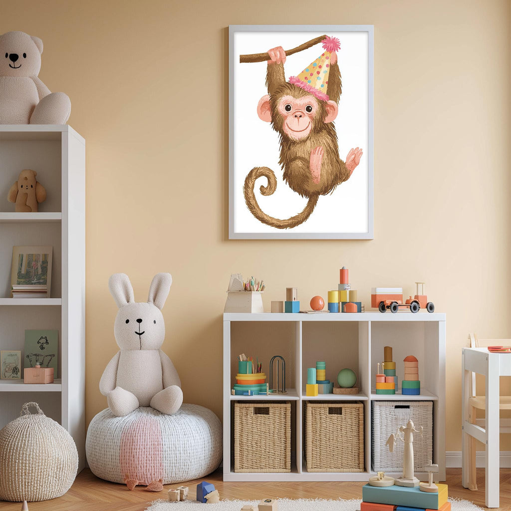 A child's bedroom with a white bookshelf, a stuffed rabbit, a stuffed monkey, and a toy train. A framed illustration of a monkey wearing a party hat is hanging on the wall above the bookshelf.