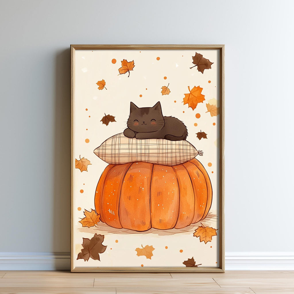 A framed illustration depicting a black cat resting on a plaid pillow atop a large orange pumpkin, surrounded by falling orange leaves.