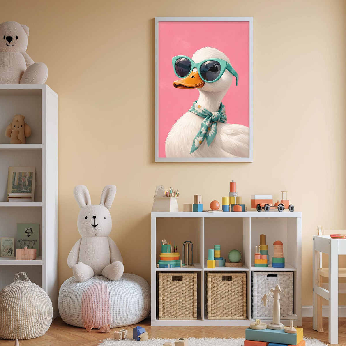 A child's bedroom with a stuffed bunny, a stuffed duck wearing sunglasses, and a bookshelf filled with toys and books.