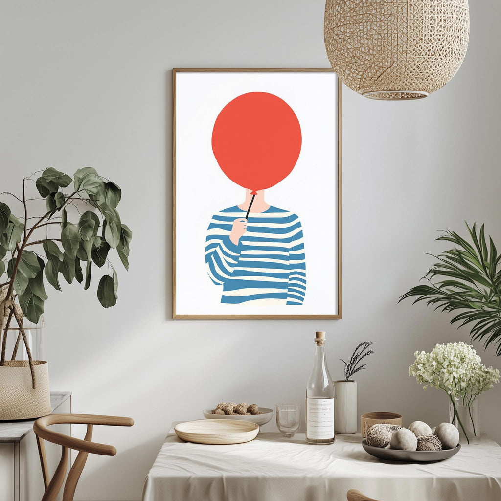 a dining table with a bowl of fruit, a bottle, and a vase of flowers, along with a framed illustration of a person holding a red umbrella.