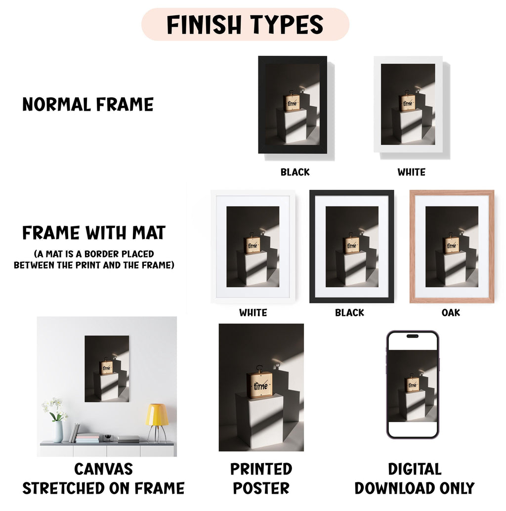 various types of framed artworks, including a normal frame, a frame with a mat, a white frame, a black frame, a white frame, a black frame, an oak frame, a canvas stretched on a frame, a printed poster, and a digital download only.