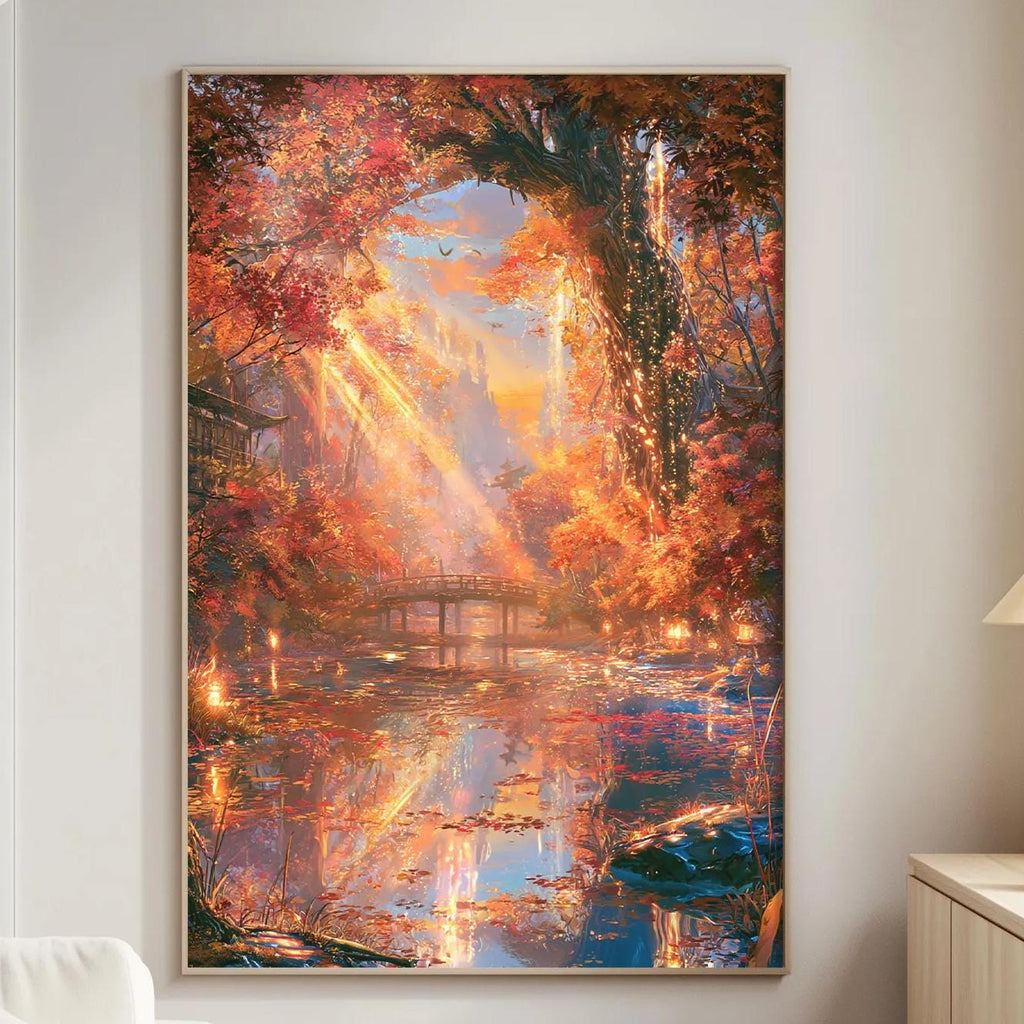 a large, vibrant painting of a forest scene with a bridge and water, hanging on a wall in a living room.
