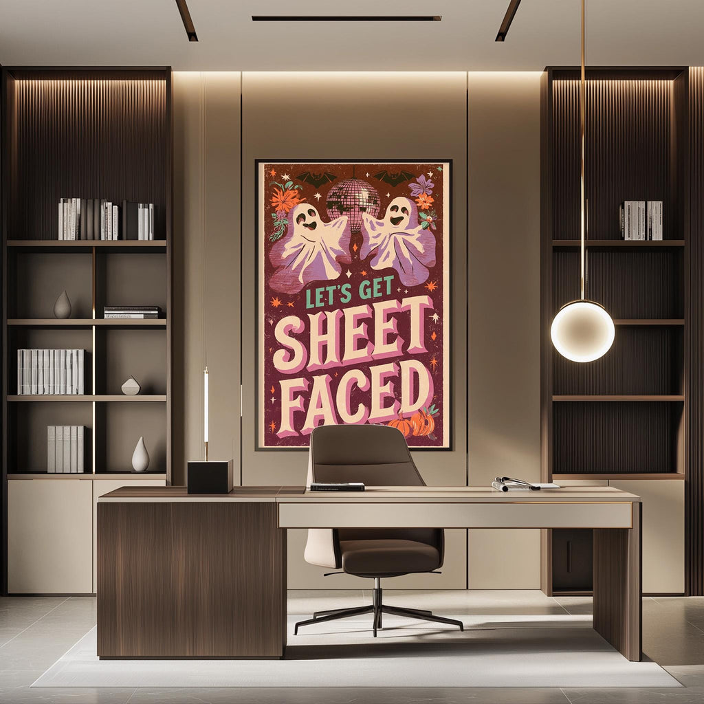 a modern office space with a desk, chair, and bookshelves. A large poster with a Halloween-themed design is hanging on the wall above the desk, which has a computer monitor and keyboard.
