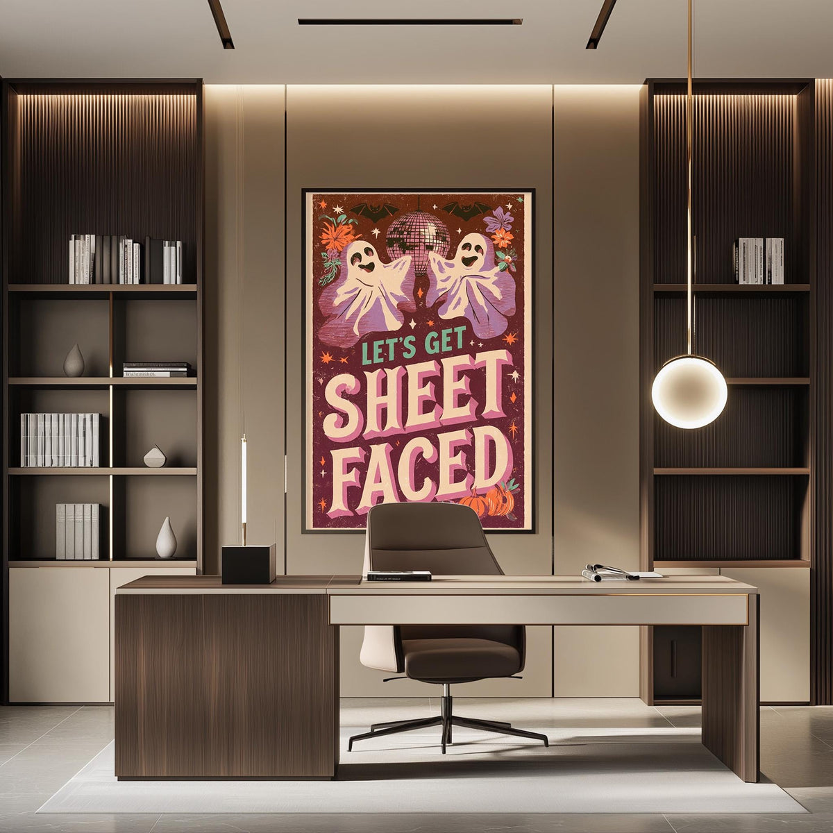 a modern office space with a desk, chair, and bookshelves. A large poster with a Halloween-themed design is hanging on the wall above the desk, which has a computer monitor and keyboard.