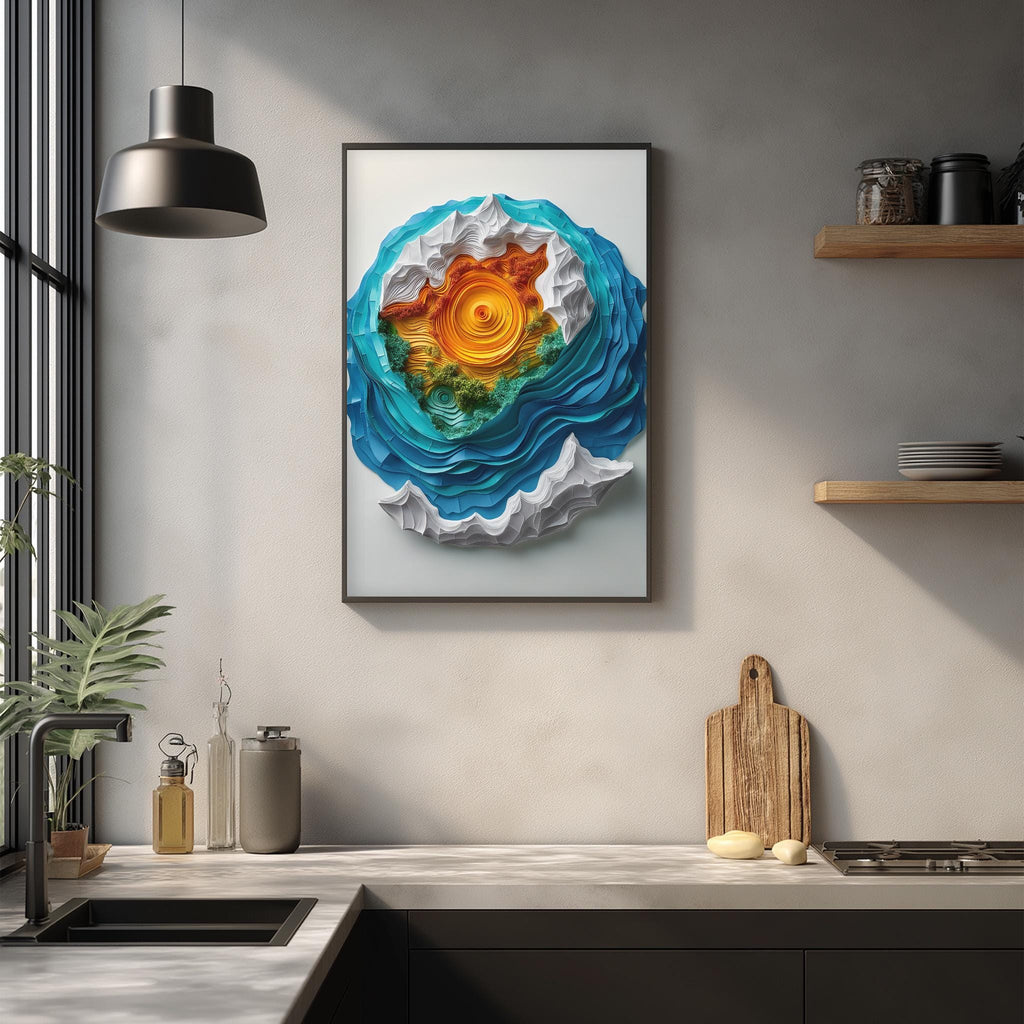 a modern kitchen with a large, colorful abstract painting hanging on the wall above a wooden cutting board and other kitchen items.