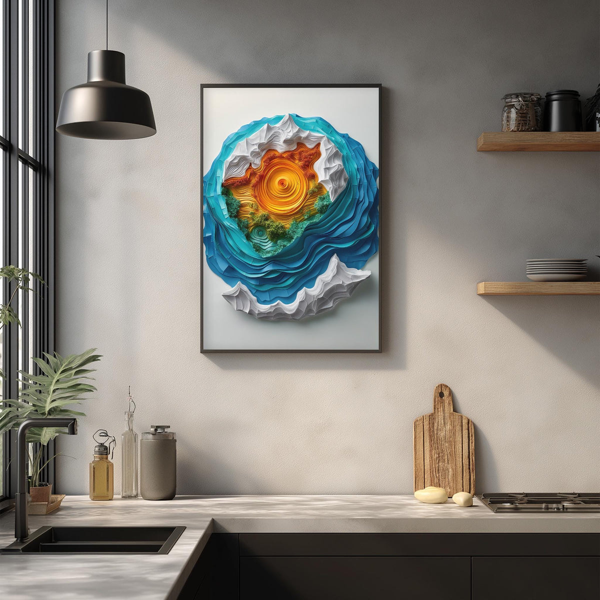 a modern kitchen with a large, colorful abstract painting hanging on the wall above a wooden cutting board and other kitchen items.