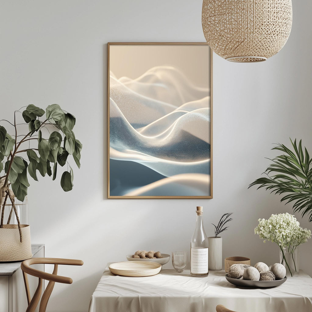a minimalist dining room with a white tablecloth, a framed abstract painting hanging on the wall, and various decorative elements such as potted plants, vases, and a bowl of fruit.