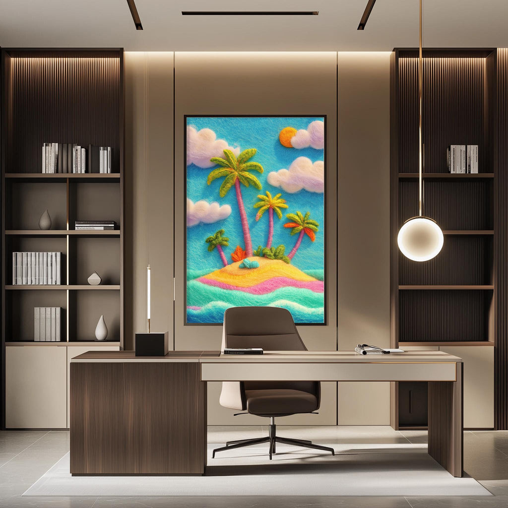 a modern office space with a large, colorful painting of a tropical island hanging on the wall above a desk with a chair.