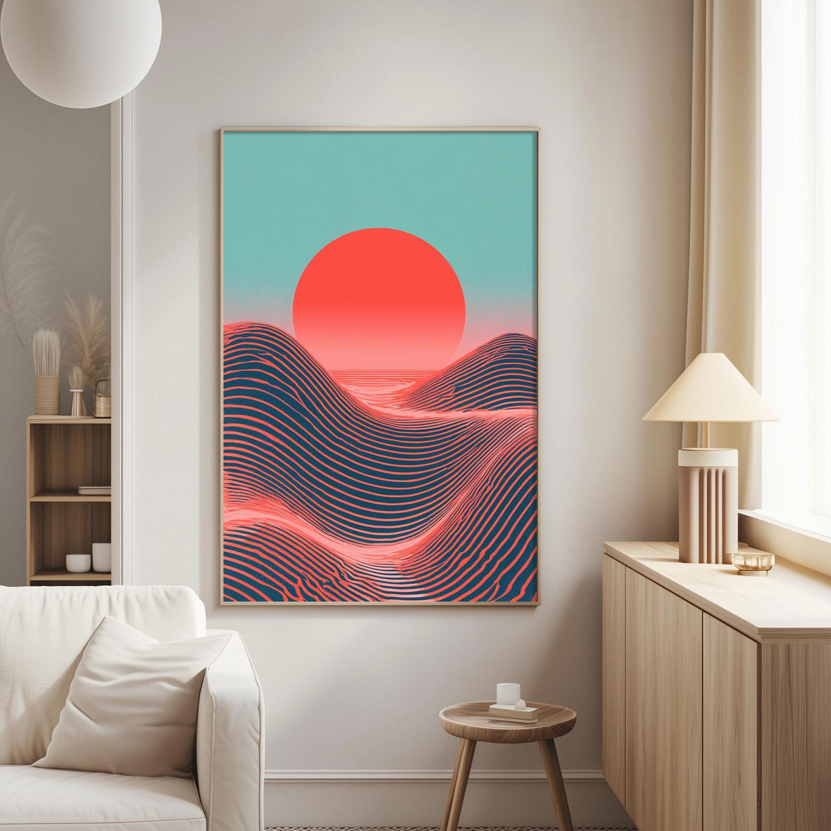a large abstract painting hanging on a wall in a living room.