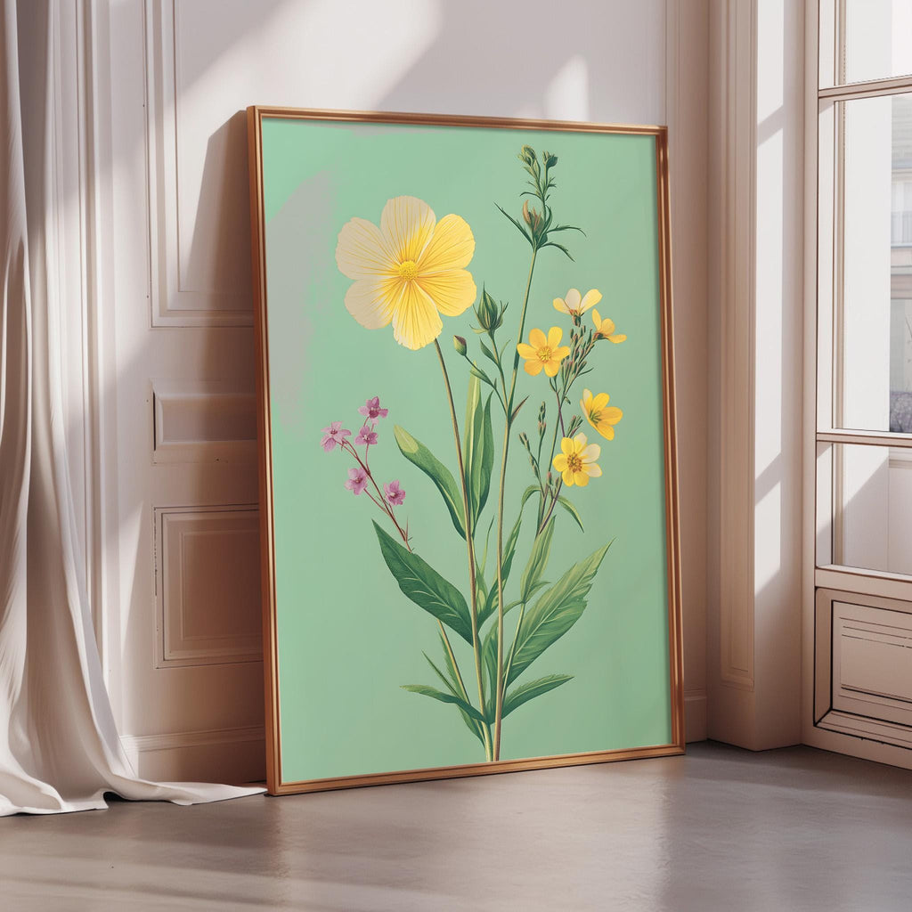 A framed print of a vibrant floral arrangement is displayed on a wall in a room with a window.