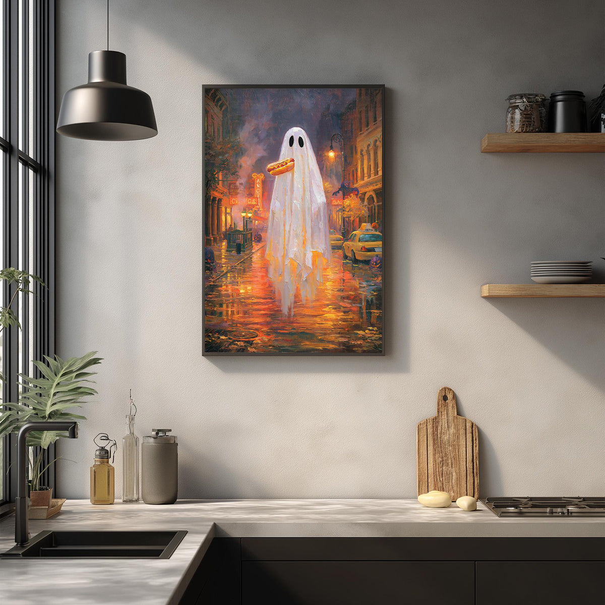 a kitchen counter with various items, including a wooden cutting board, a bottle, and a vase. Above the counter, there is a framed painting of a ghost in a city street scene, with a hot dog in its hand.