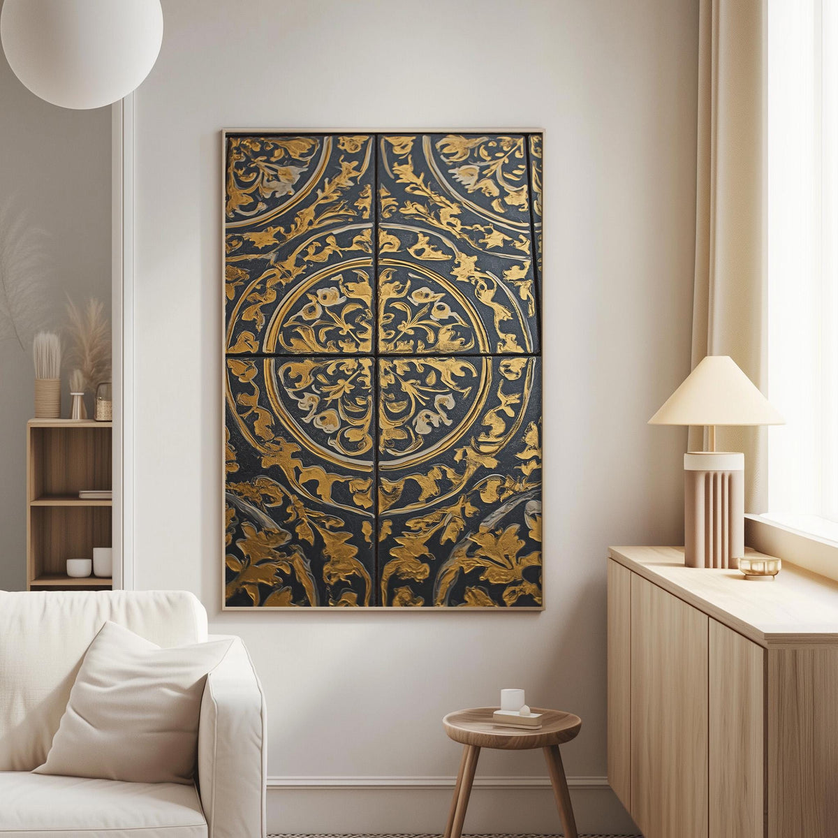 a living room with a large, ornate gold and black artwork hanging on the wall. The artwork is a decorative tile design with intricate patterns and designs. The room has a white sofa, a wooden side table, and a lamp on a wooden cabinet. The overall decor has a modern and elegant style.