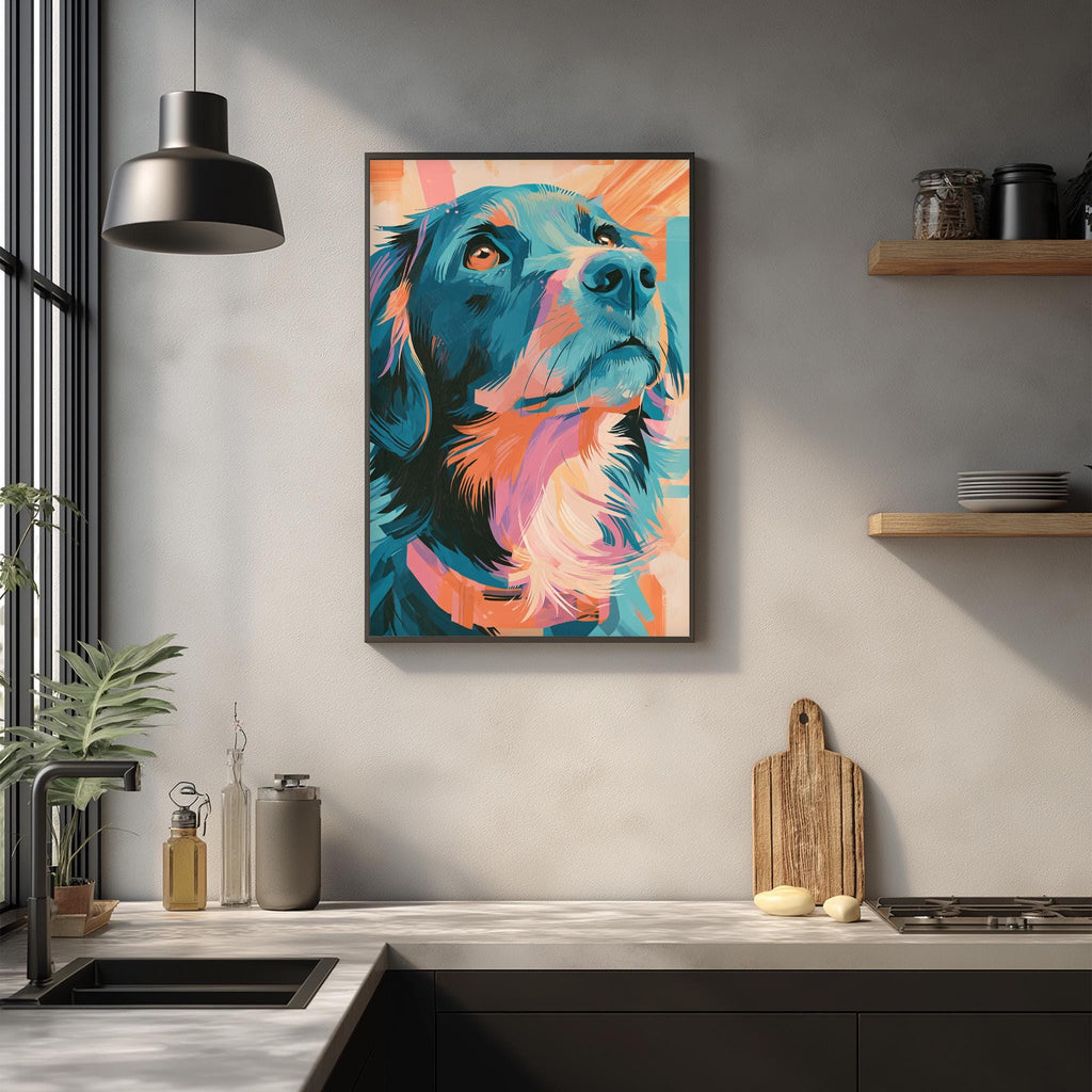 a kitchen counter with a framed painting of a dog's face hanging on the wall above it. The painting has a vibrant, colorful design with shades of blue, orange, and pink. The kitchen counter also has various items such as a cutting board, a bottle, and a bowl.