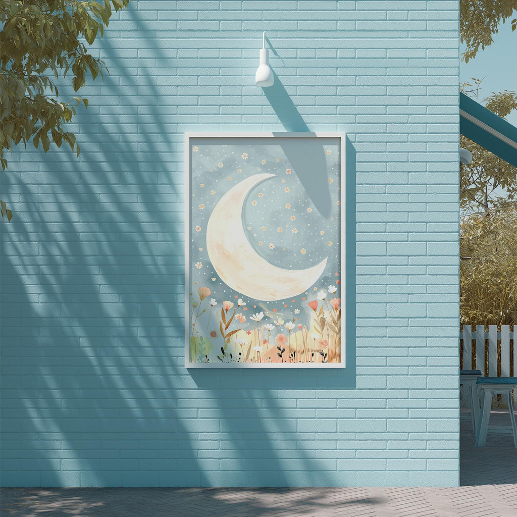 a blue brick wall with a framed painting of a crescent moon and flowers hanging on it.