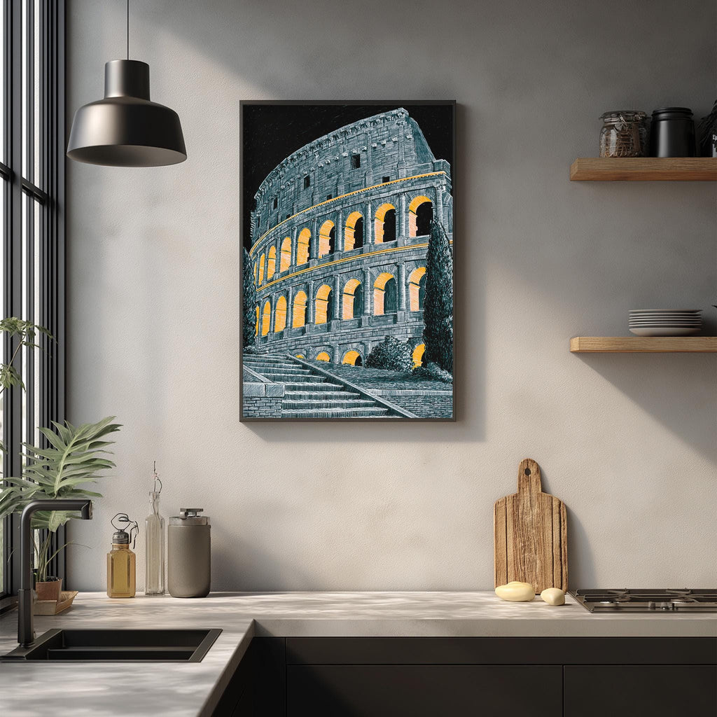 a framed artwork of the Colosseum in Rome, Italy, hanging on a wall above a kitchen counter.