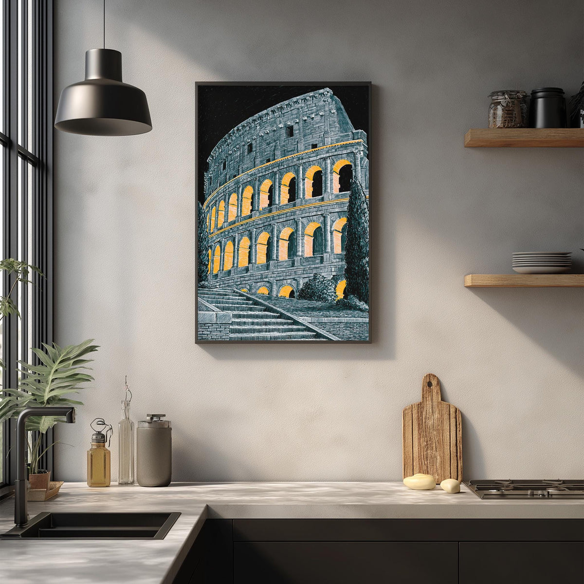 a framed artwork of the Colosseum in Rome, Italy, hanging on a wall above a kitchen counter.