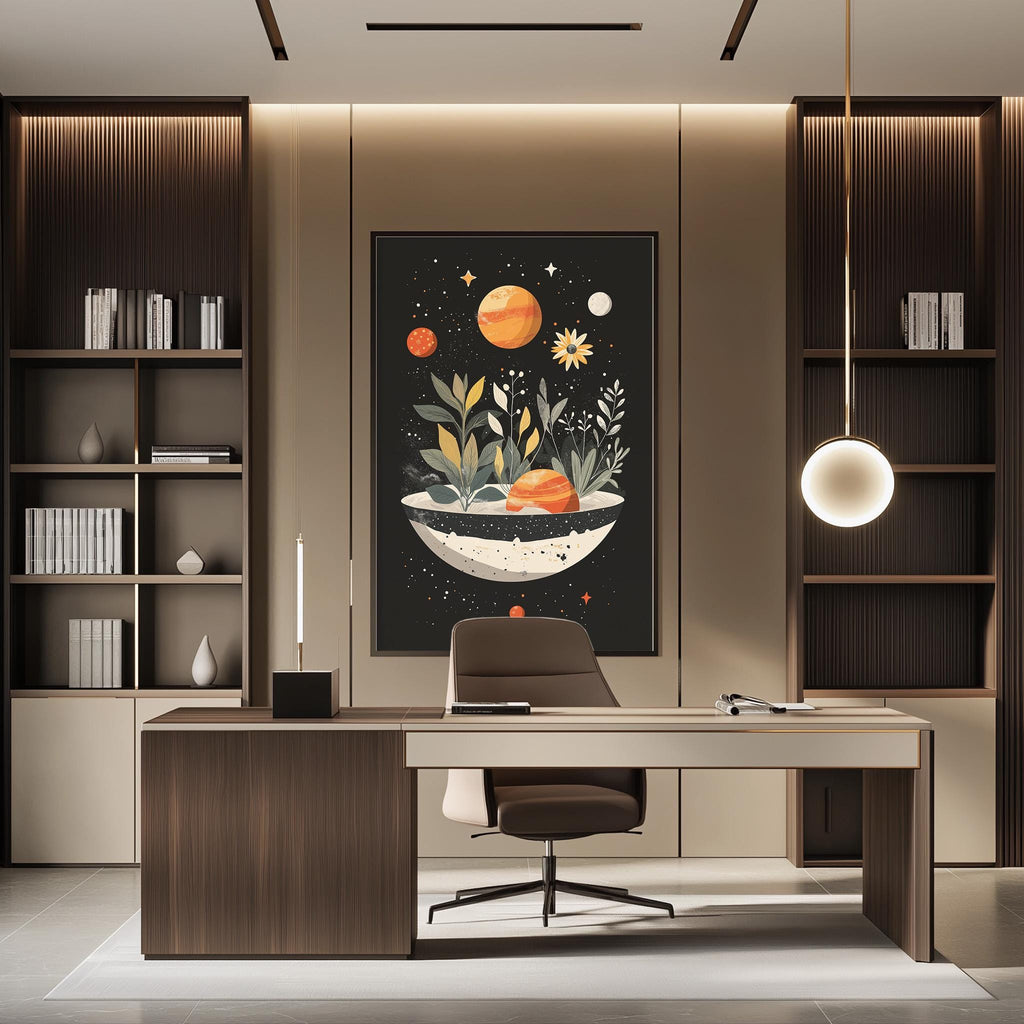 a modern and stylish home office with a large, colorful painting of a plant on the wall above a desk with a chair.