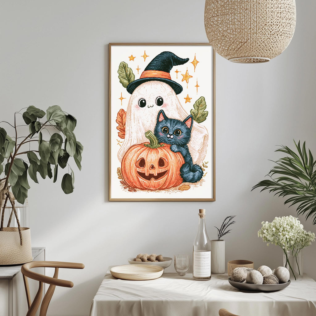 a Halloween-themed painting hanging on a wall, depicting a ghost, a cat, and a pumpkin. The painting is surrounded by various decorative elements, such as potted plants, vases, and bowls, creating a festive atmosphere.