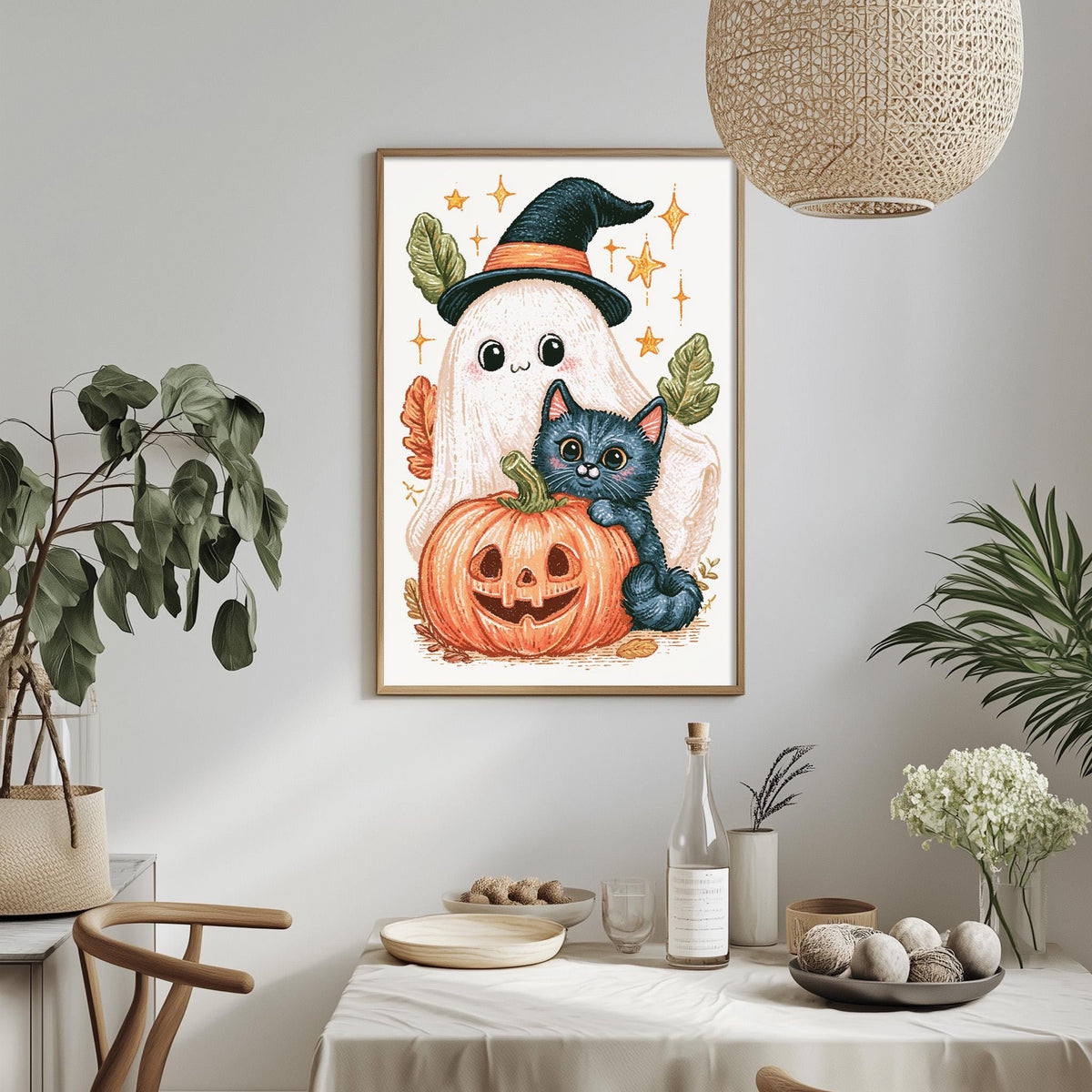 a Halloween-themed painting hanging on a wall, depicting a ghost, a cat, and a pumpkin. The painting is surrounded by various decorative elements, such as potted plants, vases, and bowls, creating a festive atmosphere.