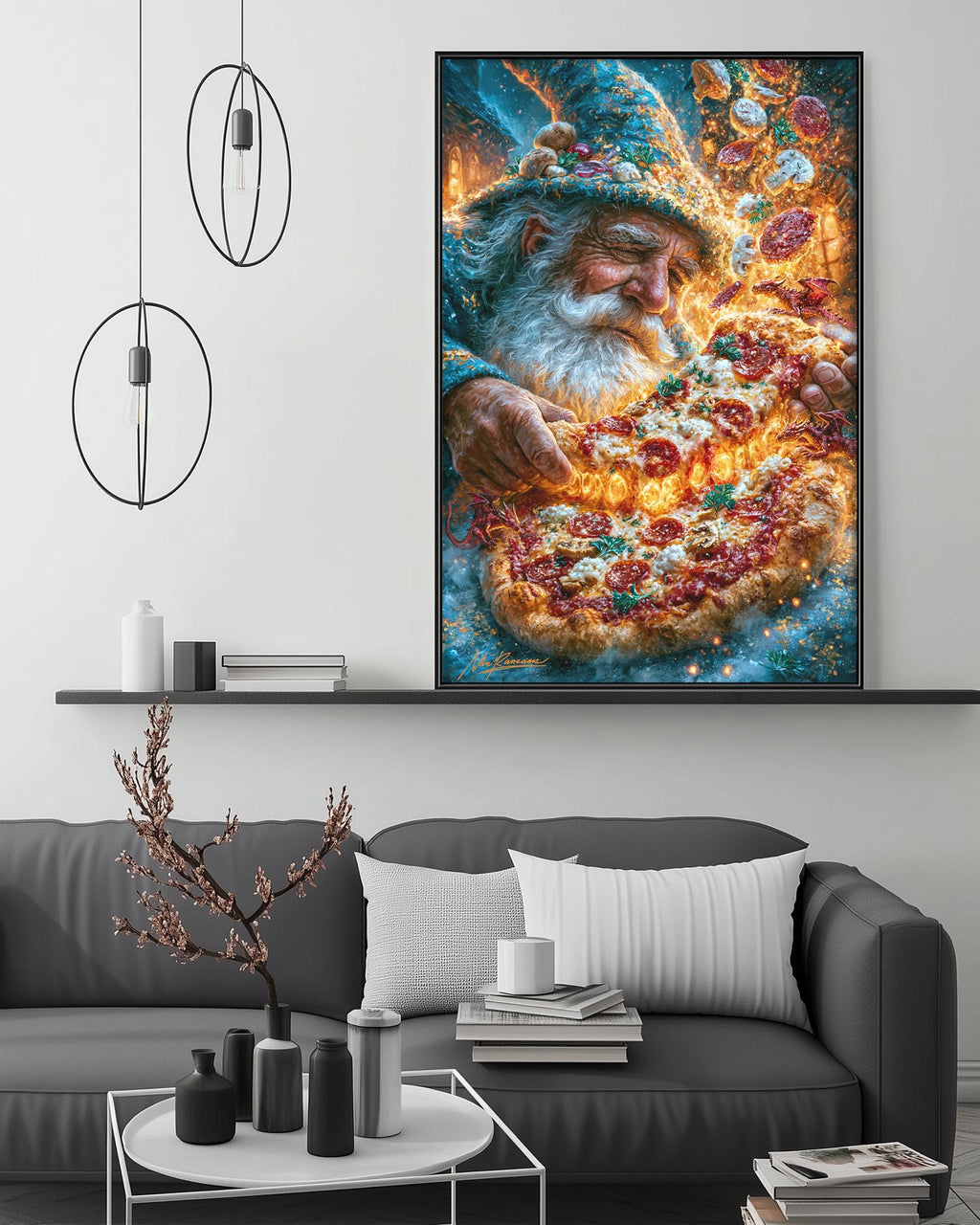 a large, colorful painting of a bearded man holding a pizza, hanging on a wall above a gray couch in a living room setting.