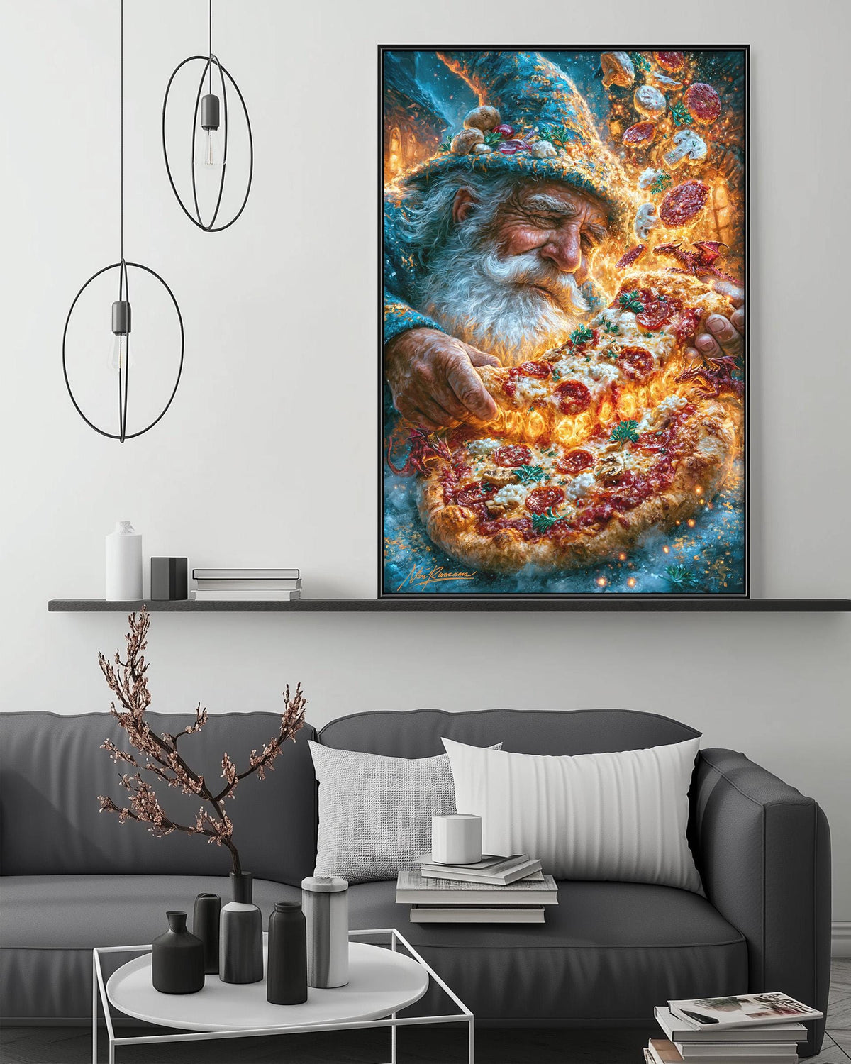 a large, colorful painting of a bearded man holding a pizza, hanging on a wall above a gray couch in a living room setting.