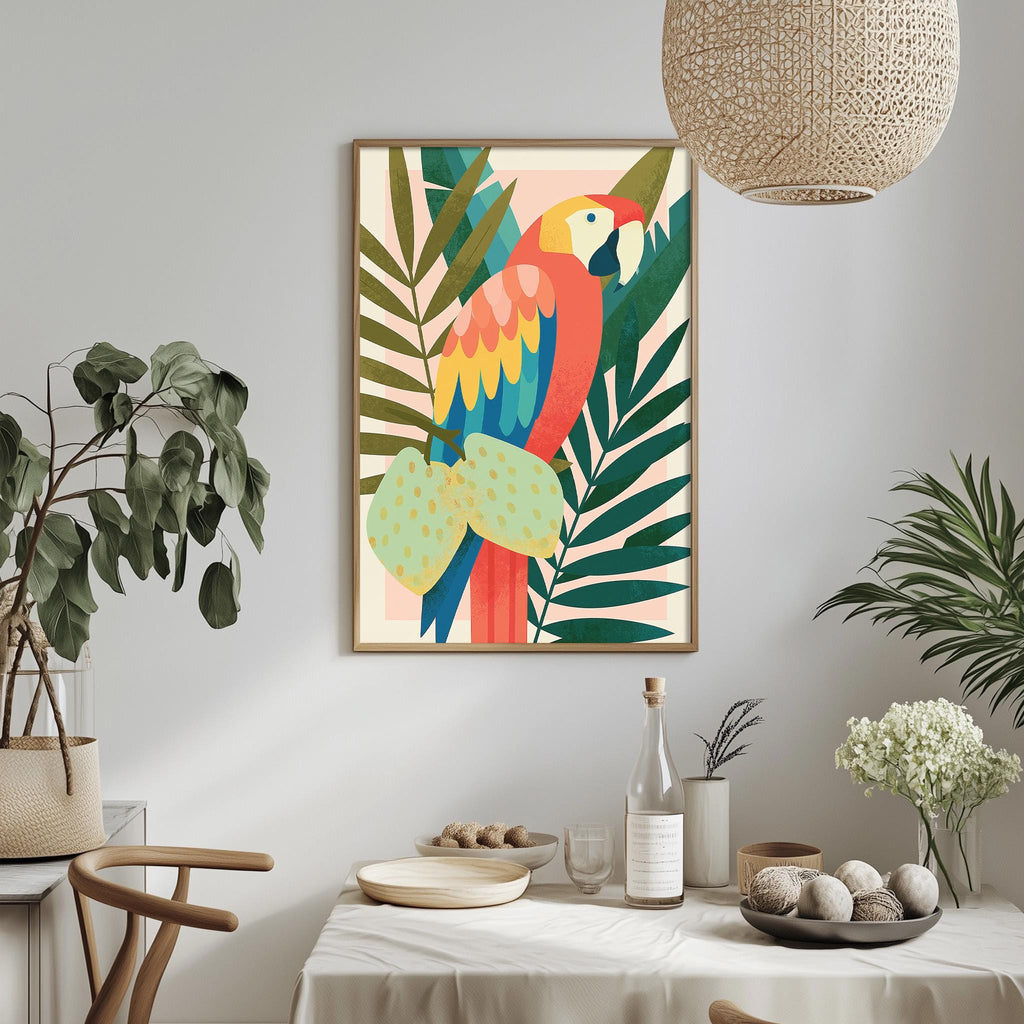 a vibrant, colorful painting of a parrot perched on a leafy branch, hanging on a wall above a dining table. The table is set with various items, including a bottle, a bowl, and a vase, creating a cozy and inviting atmosphere.
