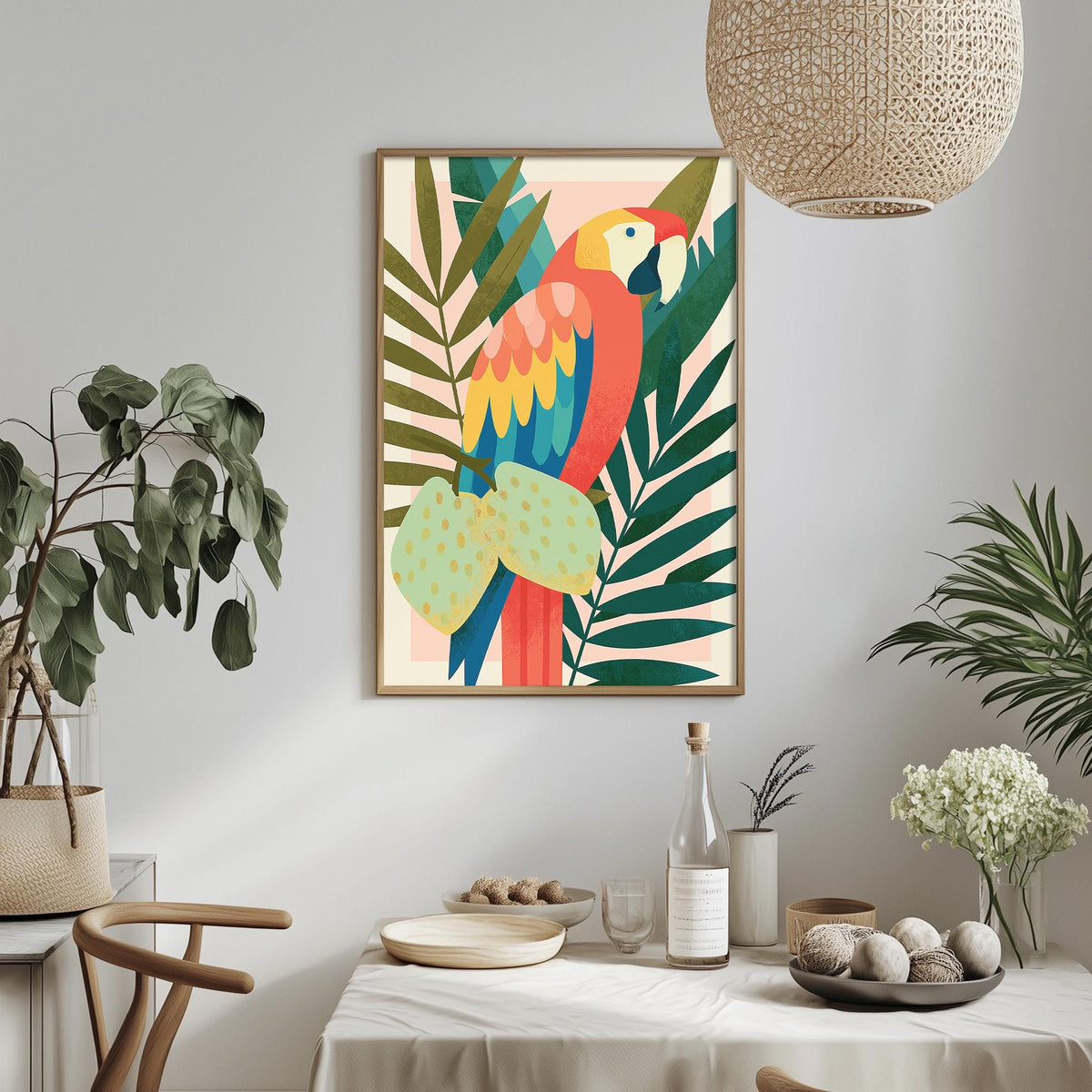 a vibrant, colorful painting of a parrot perched on a leafy branch, hanging on a wall above a dining table. The table is set with various items, including a bottle, a bowl, and a vase, creating a cozy and inviting atmosphere.