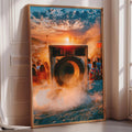 A large framed poster depicting a crowd of people gathered around a speaker at an outdoor event, with a vibrant sunset in the background.