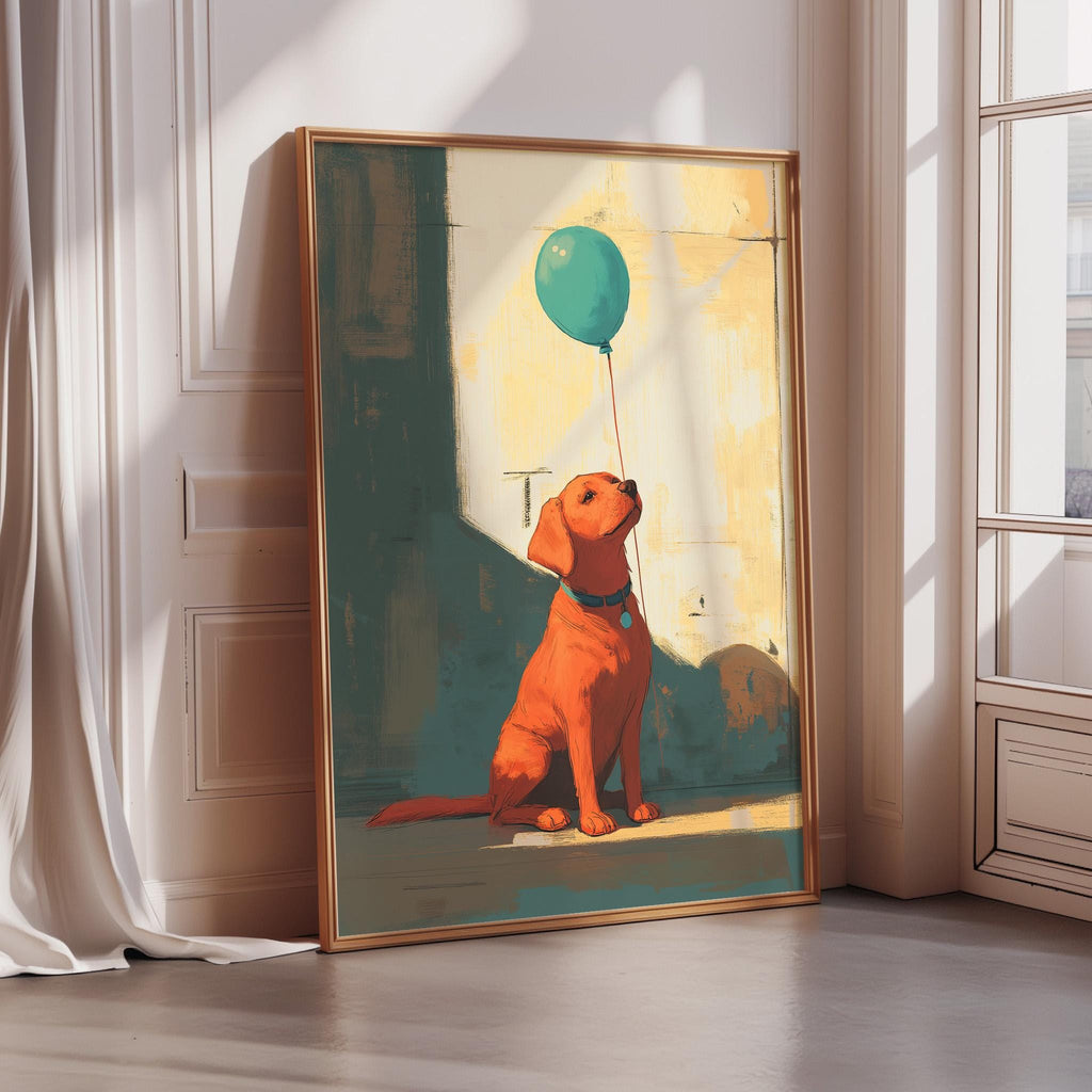 A framed painting of a dog sitting on a floor, looking up at a green balloon floating above it.
