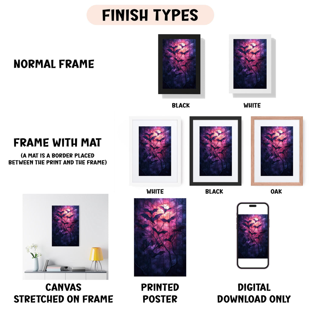 various types of artwork, including a canvas stretched on a frame, a framed poster, and a digital poster. The artwork is presented in different frame colors, such as black, white, and oak. The image also includes a description of the artwork, including the finish types and the materials used, such as canvas and poster.