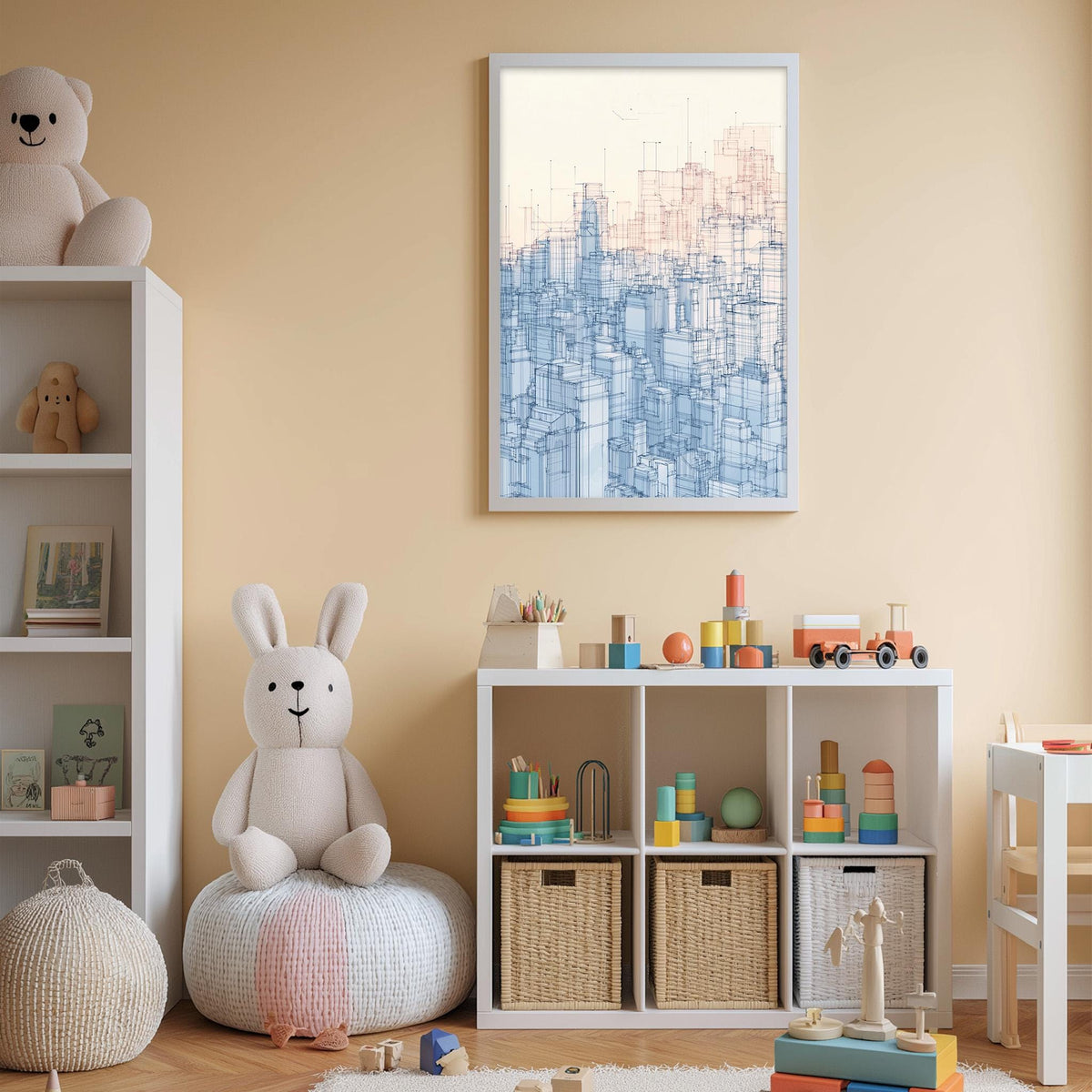 A cozy and colorful children's bedroom with a large stuffed rabbit, a bookshelf, and a toy storage unit filled with toys and books.