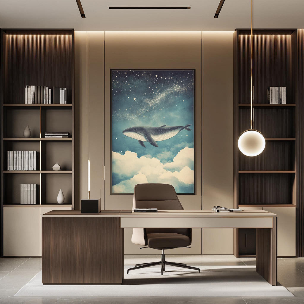 a modern and stylish office space with a large whale painting on the wall, a wooden desk, and a comfortable-looking chair.