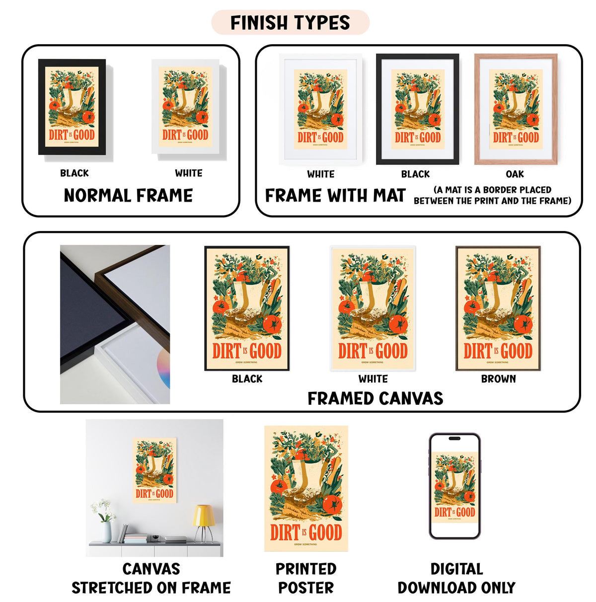 various images of a poster or artwork titled "Dirt-Good" in different frame types, including a black and white, white, black, oak, and framed canvas. The images are labeled with their respective frame types, such as "NORMAL FRAME" and "FRAME WITH MAT". The text "FINISH TYPES" is displayed at the top, and the images are described in terms of their frame types, such as "CANVAS STRETCHED ON FRAME", "PRINTED POSTER", and "DIGITAL DOWNLOAD ONLY".