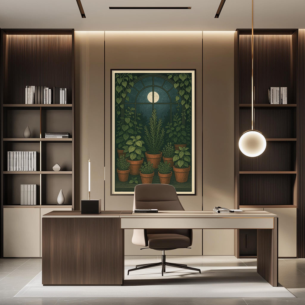 a modern and well-lit office space with a large painting of a greenhouse on the wall, a wooden desk with a chair, and built-in bookshelves.