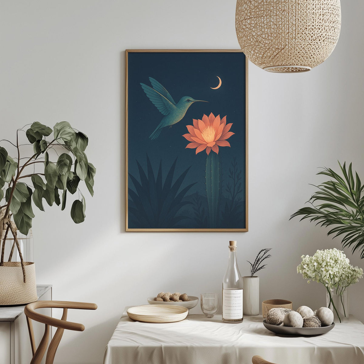 a dining table with a white tablecloth, a bowl of fruit, a bottle, and a vase with flowers. Above the table, there is a framed painting of a hummingbird flying next to a red flower.