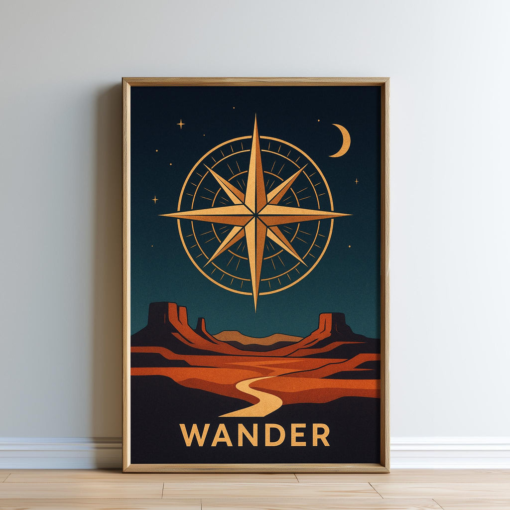 Compass Wall Art 'Wander' — Desert Travel Print, Boho Southwestern Decor