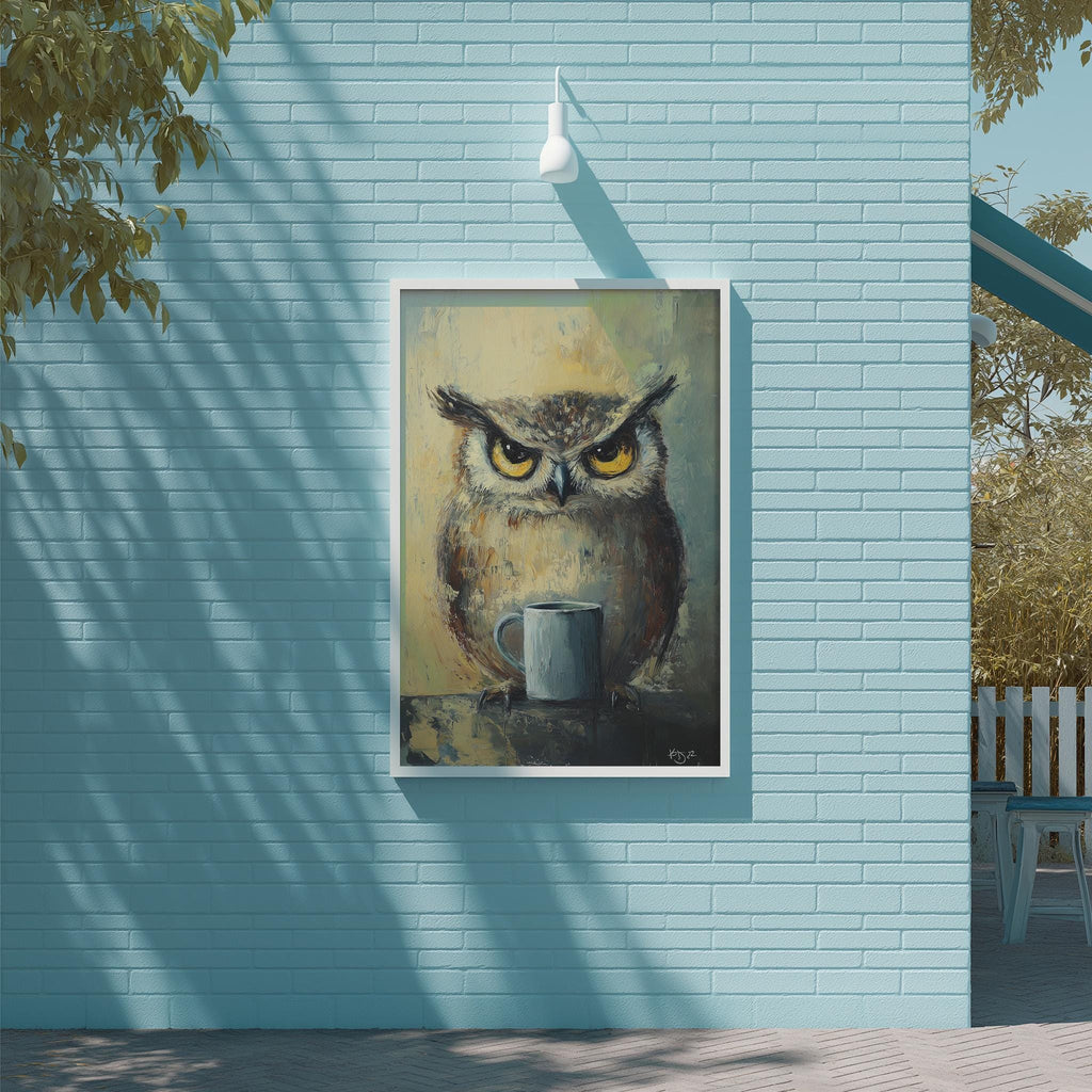 a painting of an owl holding a cup, which is mounted on a blue brick wall.