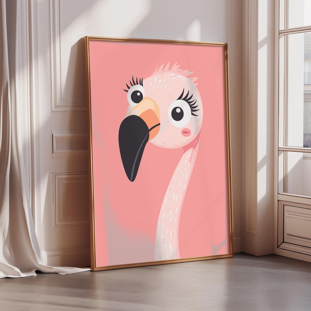 A framed illustration of a pink flamingo with a pink background and a black beak is displayed on a wall.