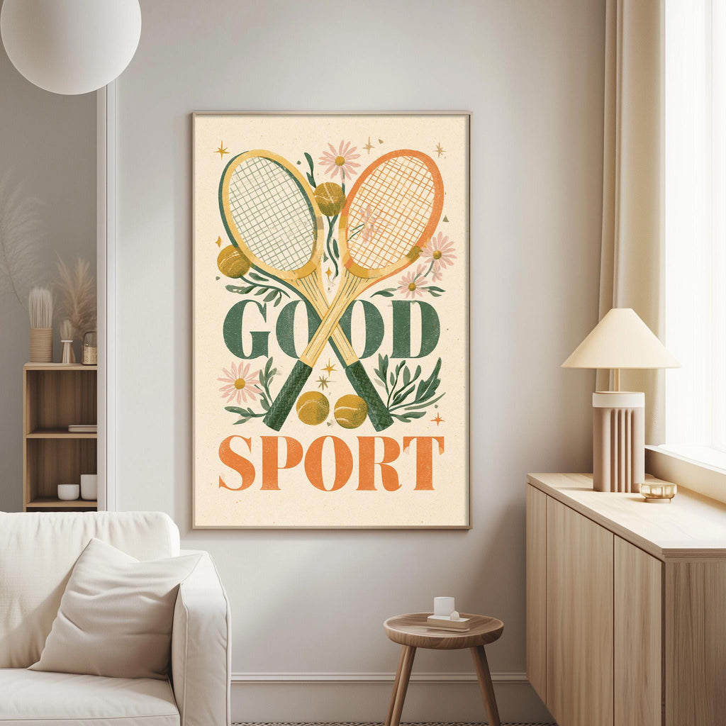 a living room with a large framed poster on the wall that says "GOOD SPORT" in bold letters. The poster is surrounded by various tennis-related elements, including tennis rackets and flowers. The room also includes a white couch, a small table, and a lamp, creating a cozy and inviting atmosphere.