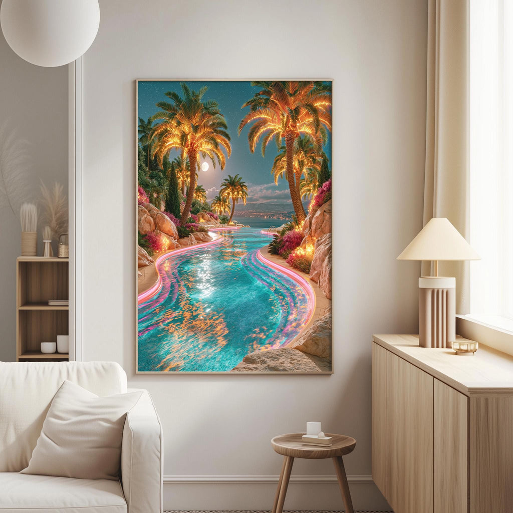 a large, colorful painting of a tropical beach scene with palm trees, a turquoise pool, and a moonlit sky.