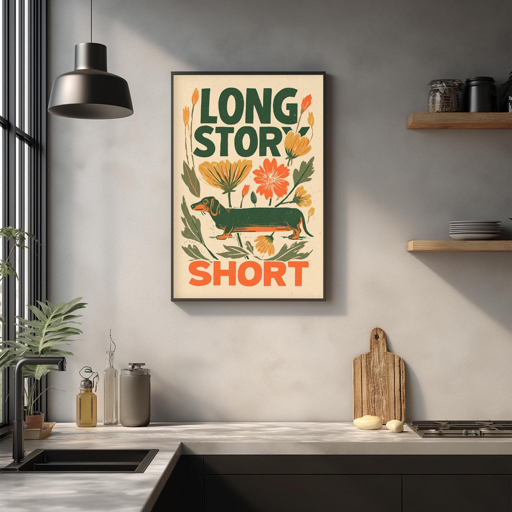 a framed poster with a dachshund and flowers hanging on a wall above a kitchen counter.
