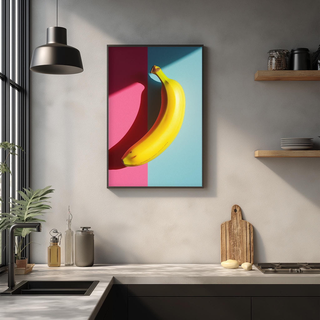 a kitchen counter with a framed picture of a banana hanging on the wall above it. The kitchen counter also has various kitchen items such as a cutting board, a bottle, and a bowl.